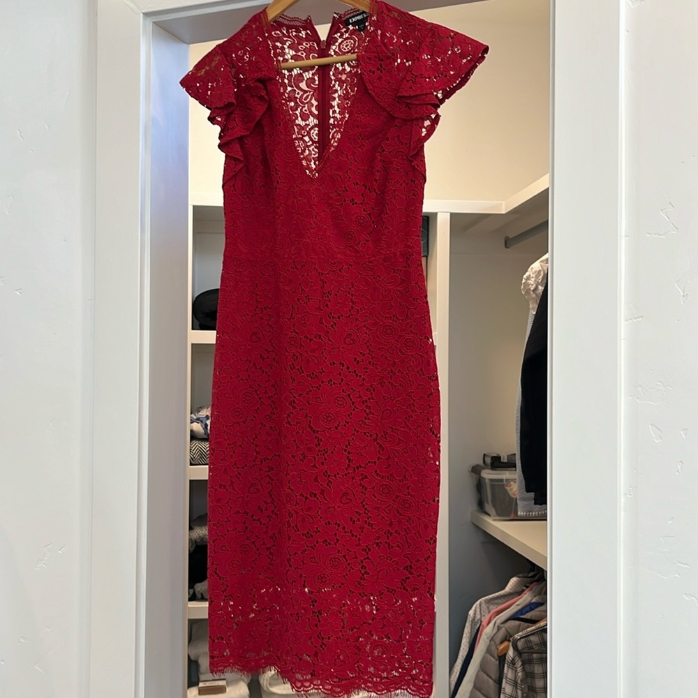Red lace dress! Worn once. Gorgeous red. Tea length. Low cut in front.